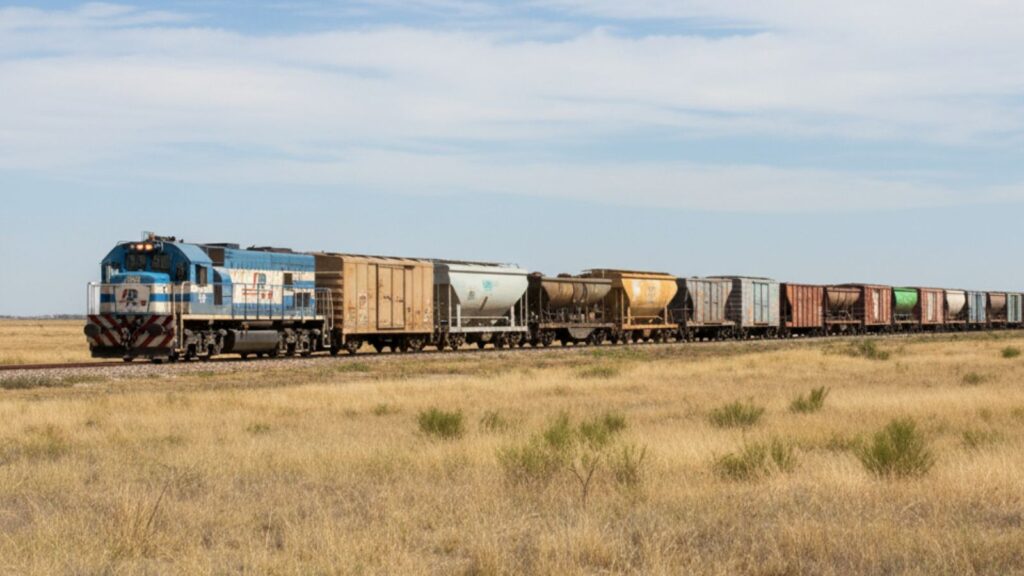 Tren de carga circulando por un corredor ferroviario argentino, simbolizando las oportunidades del ferrocarril en el país.