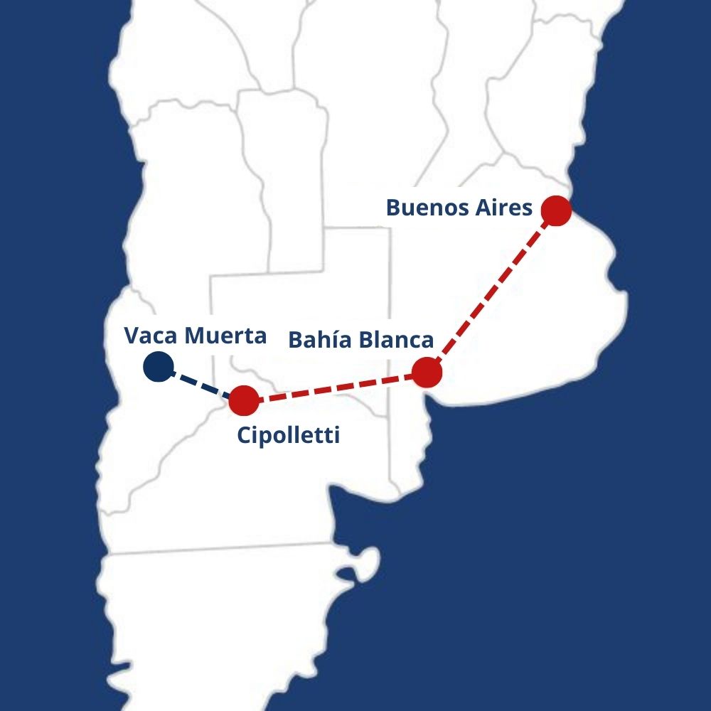 Mapa de Argentina con las conexiones estratégicas de Ferrocargas del Sur: Buenos Aires, Bahía Blanca, Cipolletti, Neuquén y Vaca Muerta.