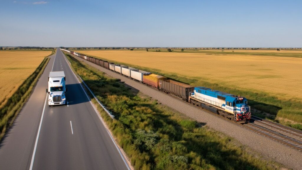 Tren de carga y camión integrados en una operación multimodal, representando la eficiencia logística de Ferrocargas del Sur.