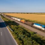 Tren de carga y camión integrados en una operación multimodal, representando la eficiencia logística de Ferrocargas del Sur.