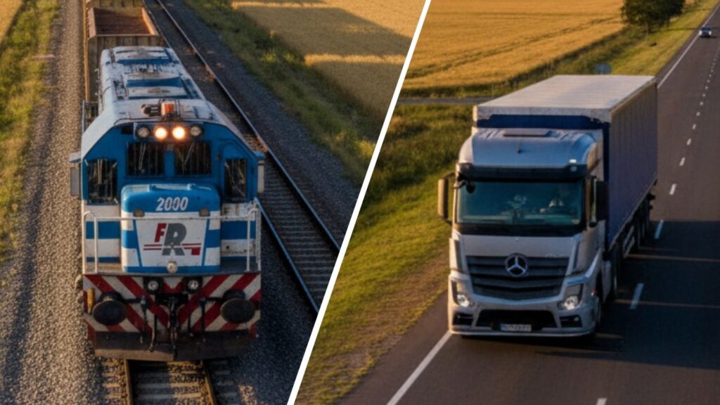 Tren de carga y camión en movimiento sobre rutas argentinas, representando la comparación de costos y emisiones de CO₂ en el transporte logístico.
