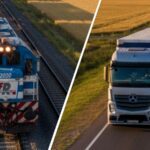 Tren de carga y camión en movimiento sobre rutas argentinas, representando la comparación de costos y emisiones de CO₂ en el transporte logístico.