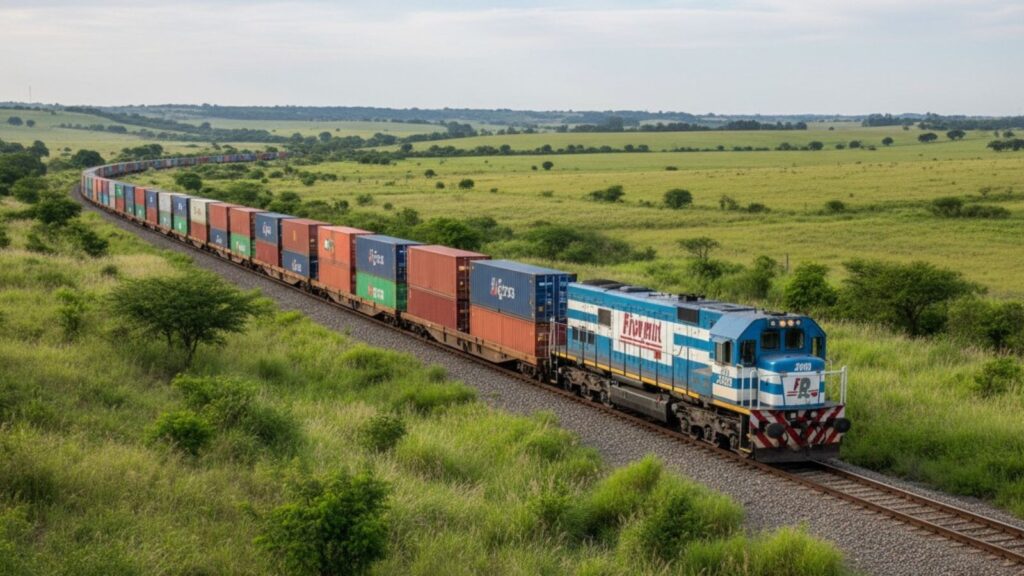 Tren de carga circulando en un corredor ferroviario argentino, simbolizando la reducción de la huella de carbono en la logística.