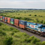 Tren de carga circulando en un corredor ferroviario argentino, simbolizando la reducción de la huella de carbono en la logística.