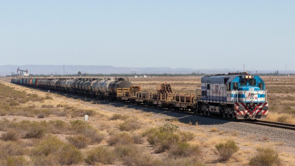 Tren de carga circulando en una región productiva de Argentina, representando al ferrocarril como ventaja competitiva logística.