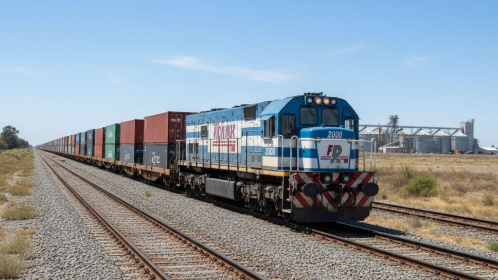 Tren de carga en Argentina representando aprendizajes internacionales y desarrollo del transporte ferroviario.