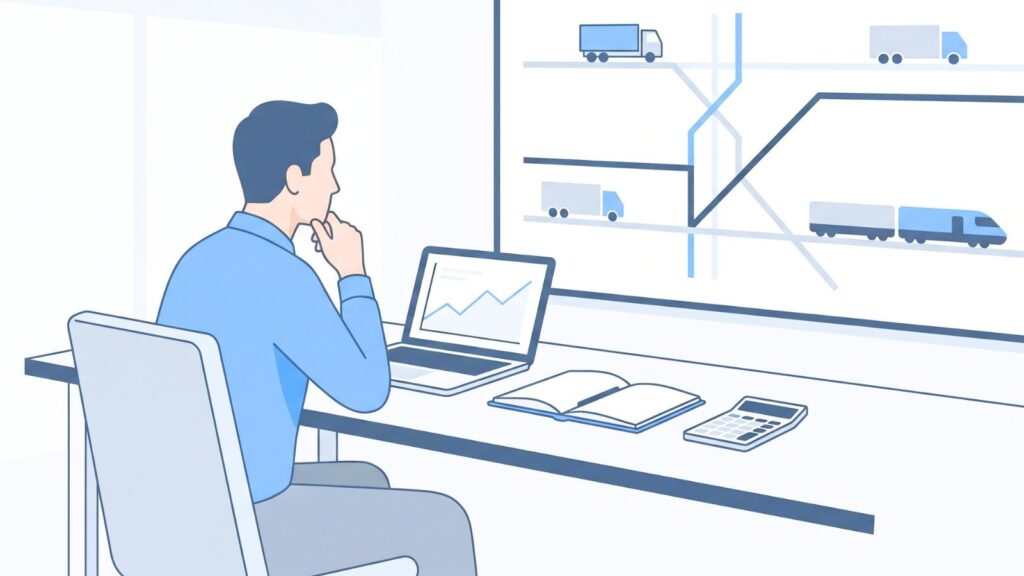 Ilustración de planificación y análisis de una operación logística de transporte de cargas
