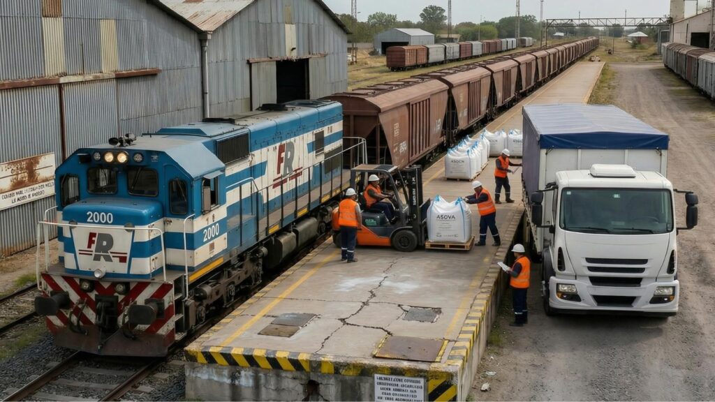 Operación logística que combina transporte ferroviario y camión en distribución de cargas.
