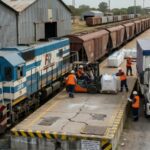 Operación logística que combina transporte ferroviario y camión en distribución de cargas.