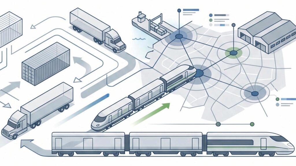 Logística multimodal integrando tren y camión en una operación de transporte de cargas